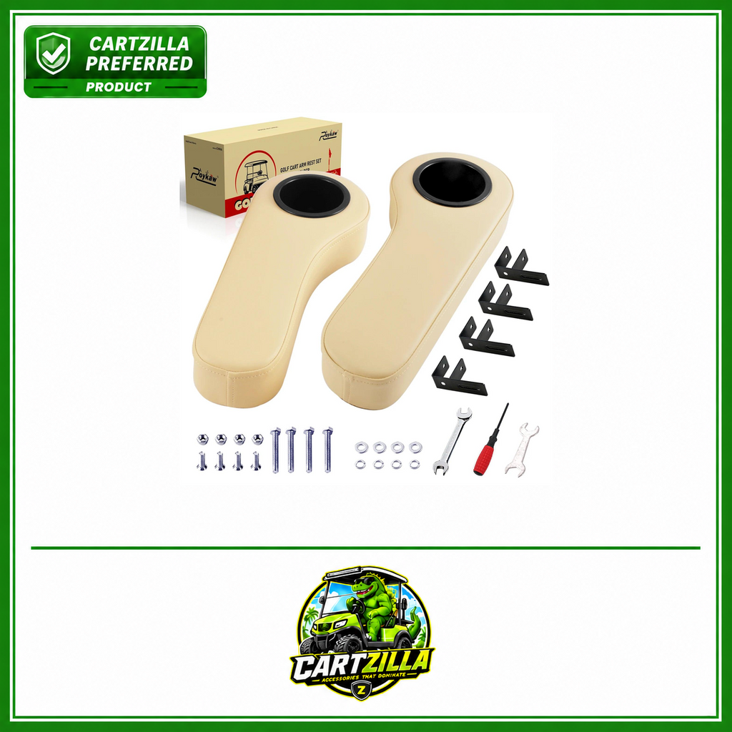 Armrest with Cup Holder Compatible with EZGO Club Car Yamaha - Upgrade Support Frame/No Drilling Required-Beige | EZGO-Cartzilla Golf Cart Parts &amp; Accessories