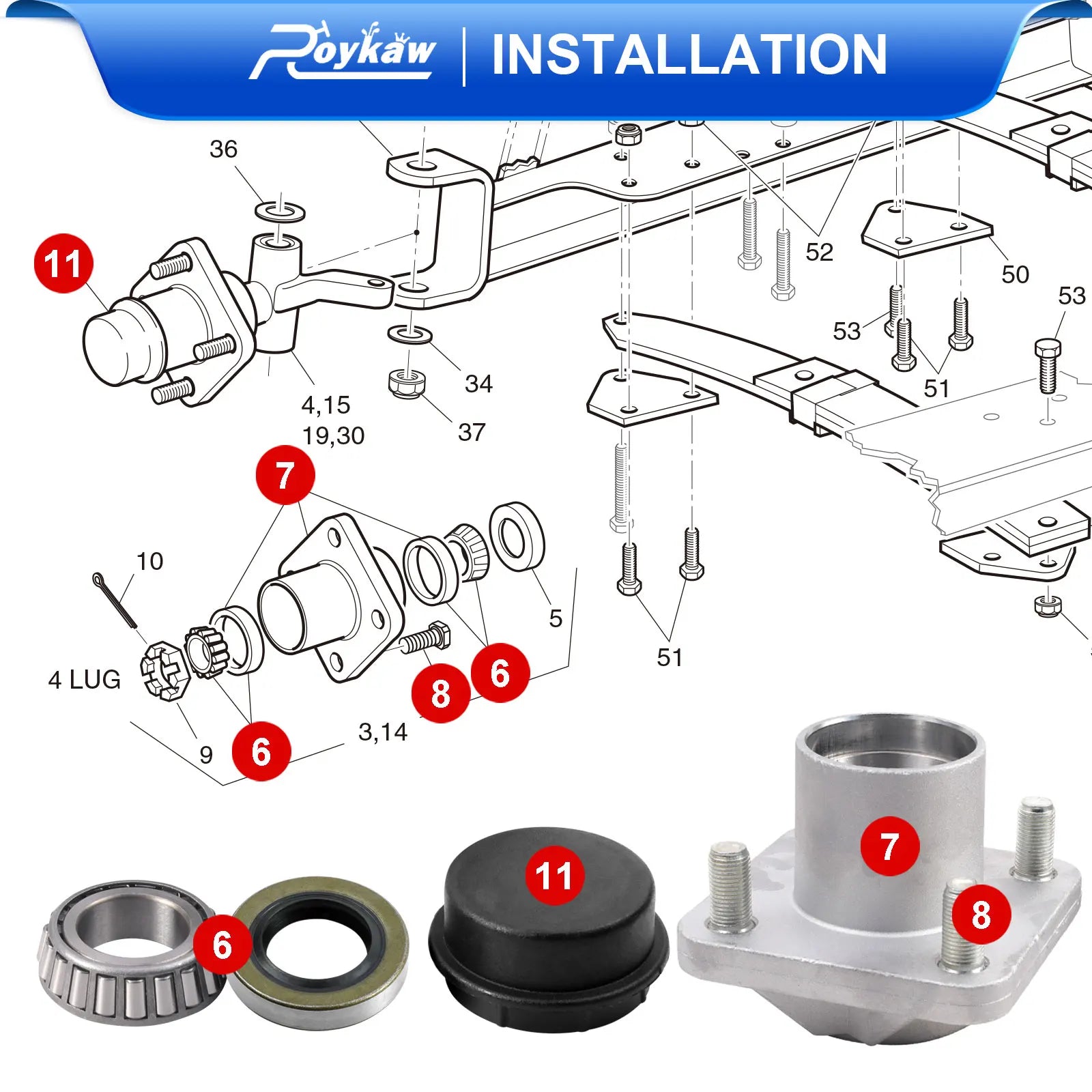 Front Wheel Hub Bearing Assembly w/Dust Caps/Oil Seals/Bearings | EZGO-Cartzilla Golf Cart Parts &amp; Accessories