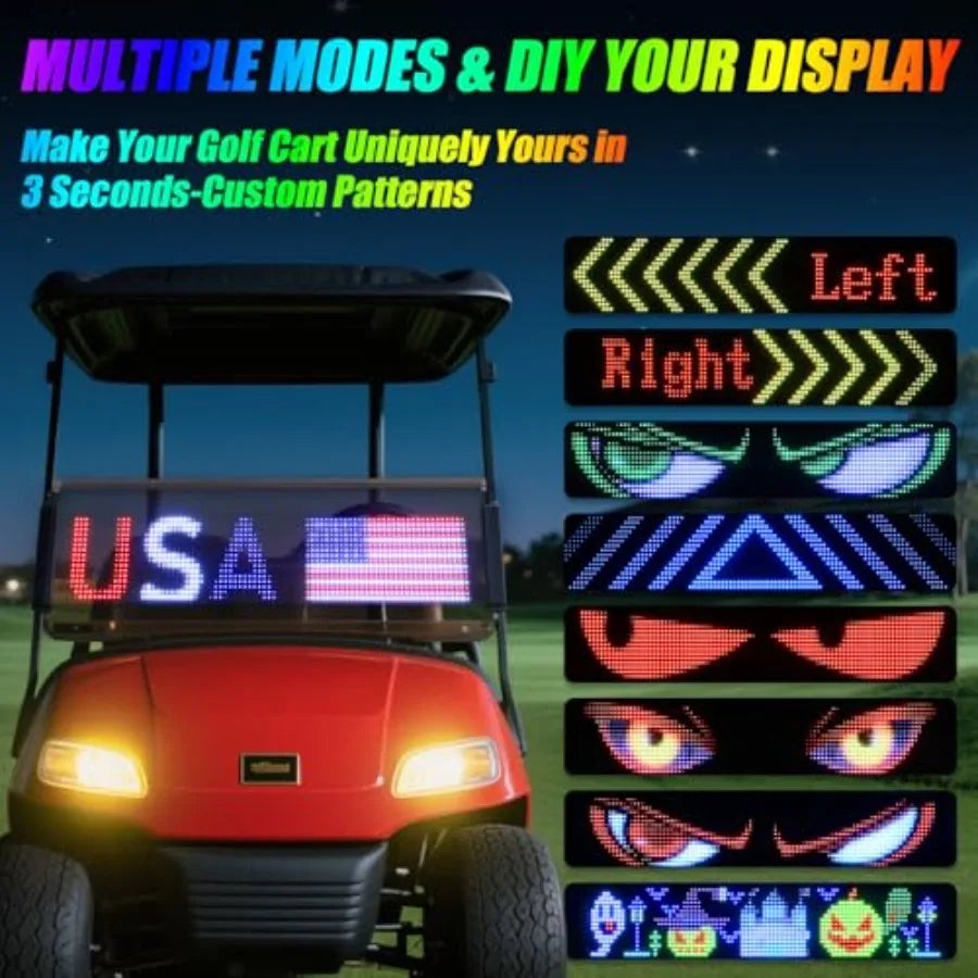 Golf Cart LED Sign 23x5in Programmable Flexible Windshield Screen App Controlled DIY Pattern Soft Lights USA Patriotic