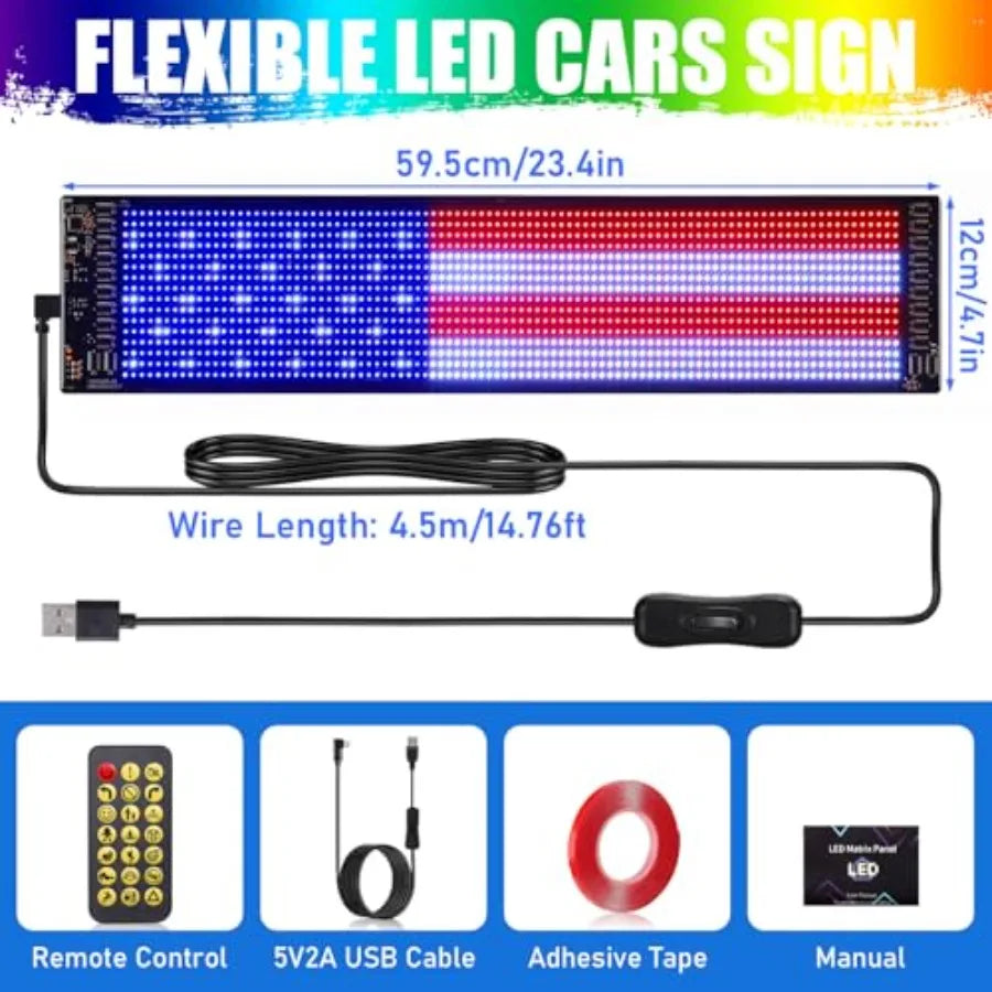 Golf Cart LED Sign 23x5in Programmable Flexible Windshield Screen App Controlled DIY Pattern Soft Lights USA Patriotic