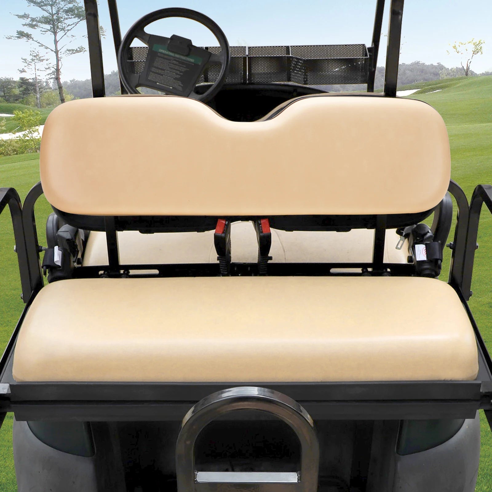 Rear Flip Seat Cushions Compatible with EZGO, Club Car, Yamaha, Include Backrest and Seat Bottom, Black/Tan | EZGO-Cartzilla Golf Cart Parts &amp; Accessories