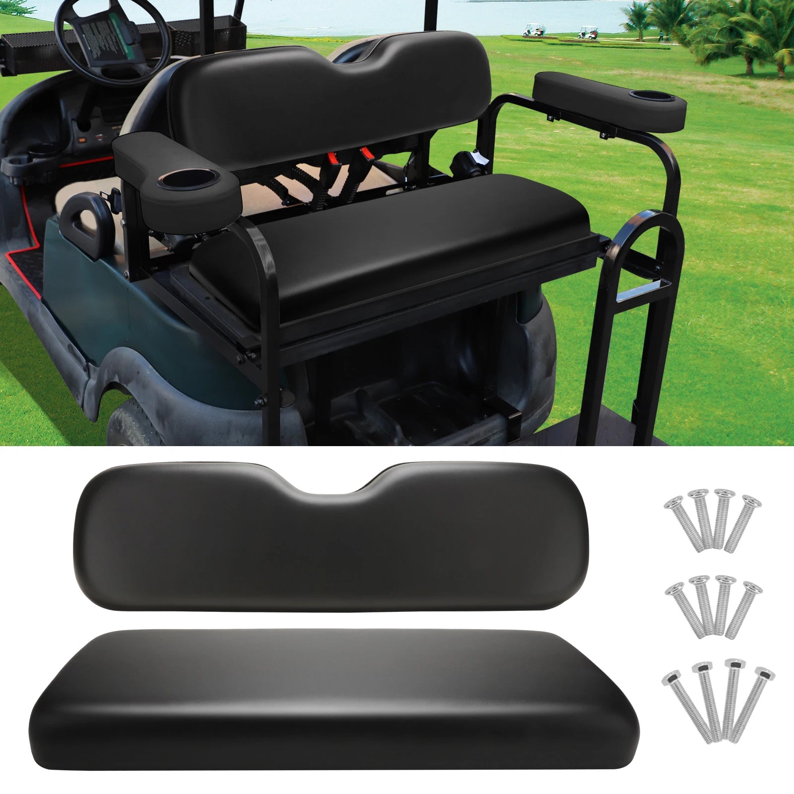 Rear Flip Seat Cushions Compatible with EZGO, Club Car, Yamaha, Include Backrest and Seat Bottom, Black/Tan | EZGO-Cartzilla Golf Cart Parts &amp; Accessories