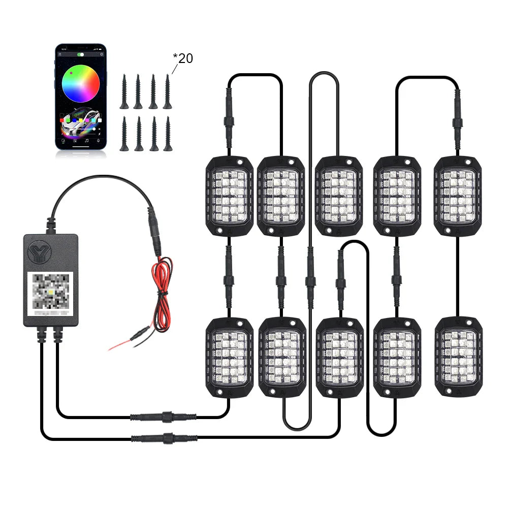 Rock Lights Remote APP Control RGB 3D Lens LED for Offroad RZR SUV ATV UTV Jeep Neon Underbody Undergolw Car Chassis