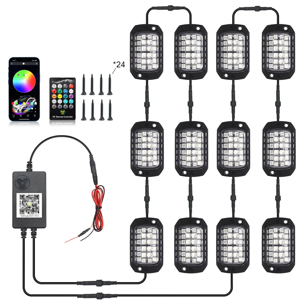 Rock Lights Remote APP Control RGB 3D Lens LED for Offroad RZR SUV ATV UTV Jeep Neon Underbody Undergolw Car Chassis