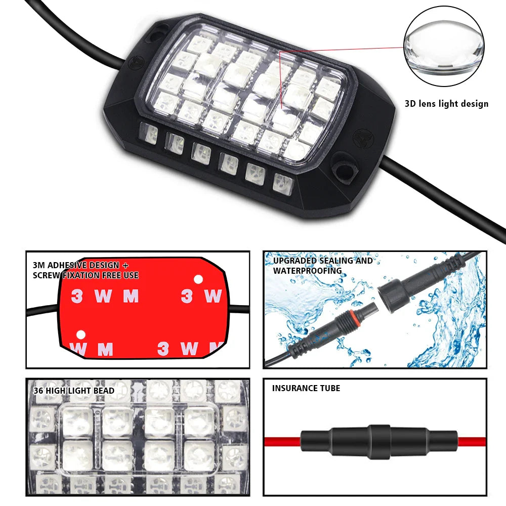 Rock Lights Remote APP Control RGB 3D Lens LED for Offroad RZR SUV ATV UTV Jeep Neon Underbody Undergolw Car Chassis