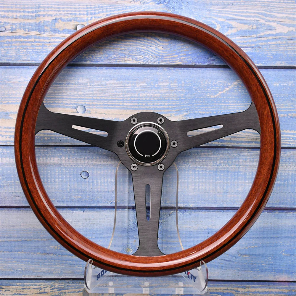 14 Inch 345mm Retro Wood Grain Sport Steering Wheel – Drift Racing with Anti-Slip Bracket