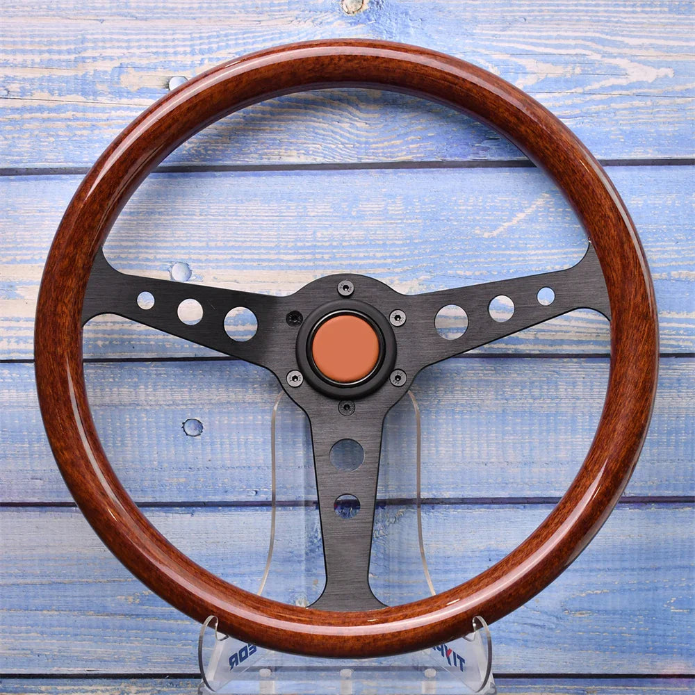 14 Inch 345mm Retro Wood Grain Sport Steering Wheel – Drift Racing with Anti-Slip Bracket