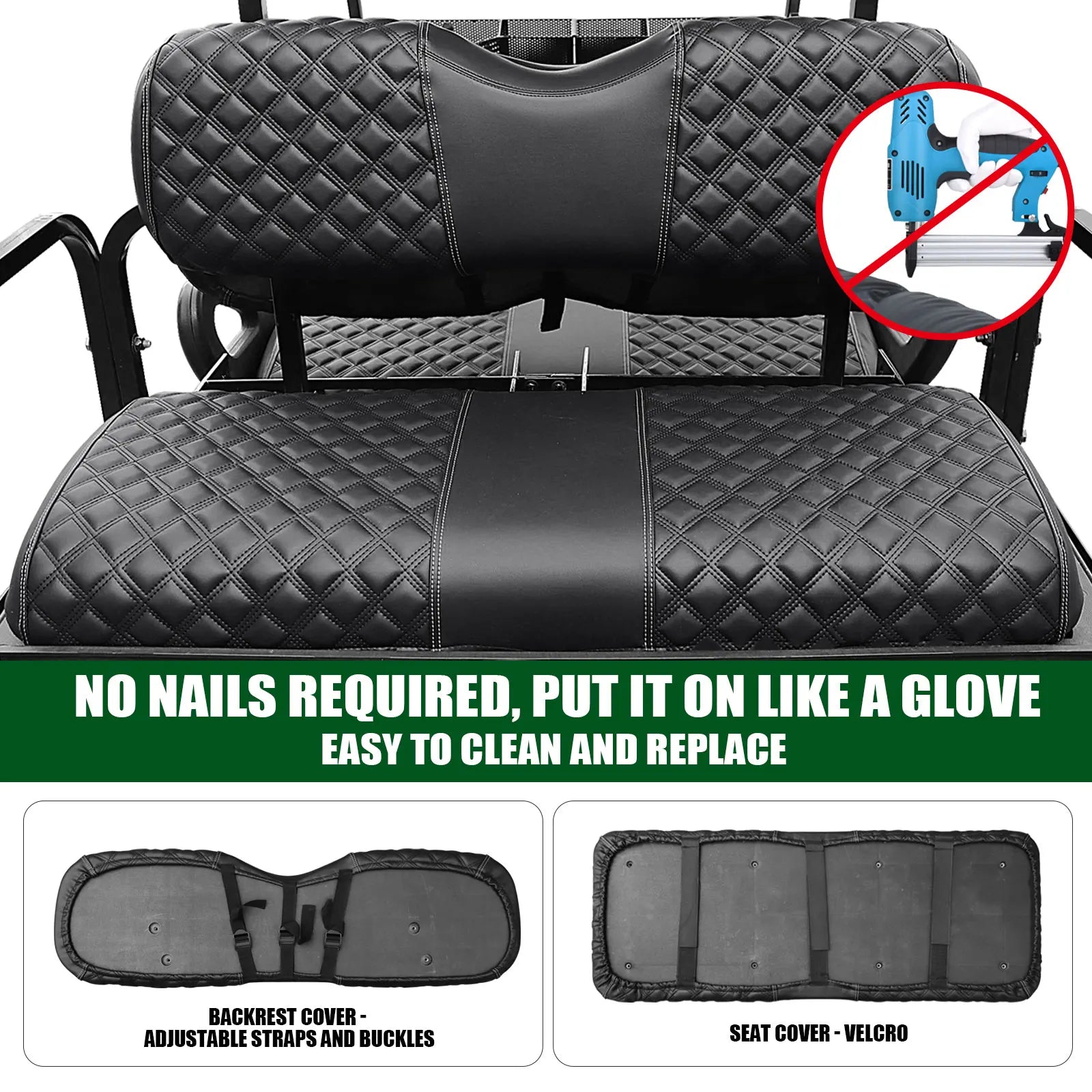 Golf Cart Seat Covers Kit | Aftermarket Rear Seat, | Common Seat Cushion, Marine Grade Vinyl Material/Easy to Clean