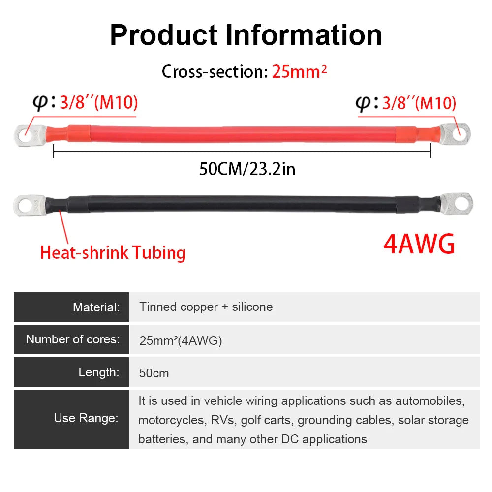 2/4AWG 30/50CM Battery Inverter Cable Set With Terminals Stranded Copper Cord Solar Power Connection Wire With Lugs