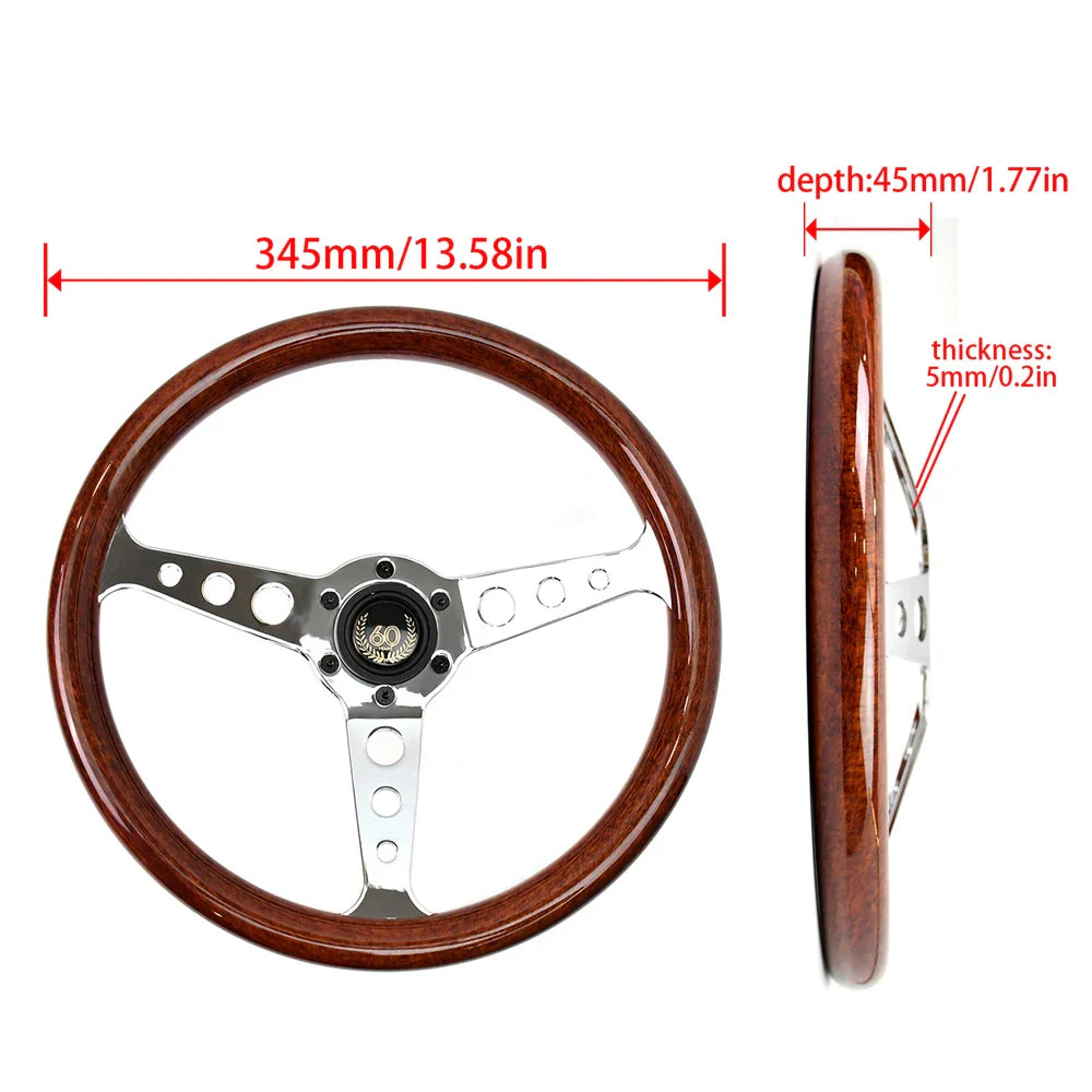 14 Inch 345mm Retro Wood Grain Sport Steering Wheel – Drift Racing with Anti-Slip Bracket