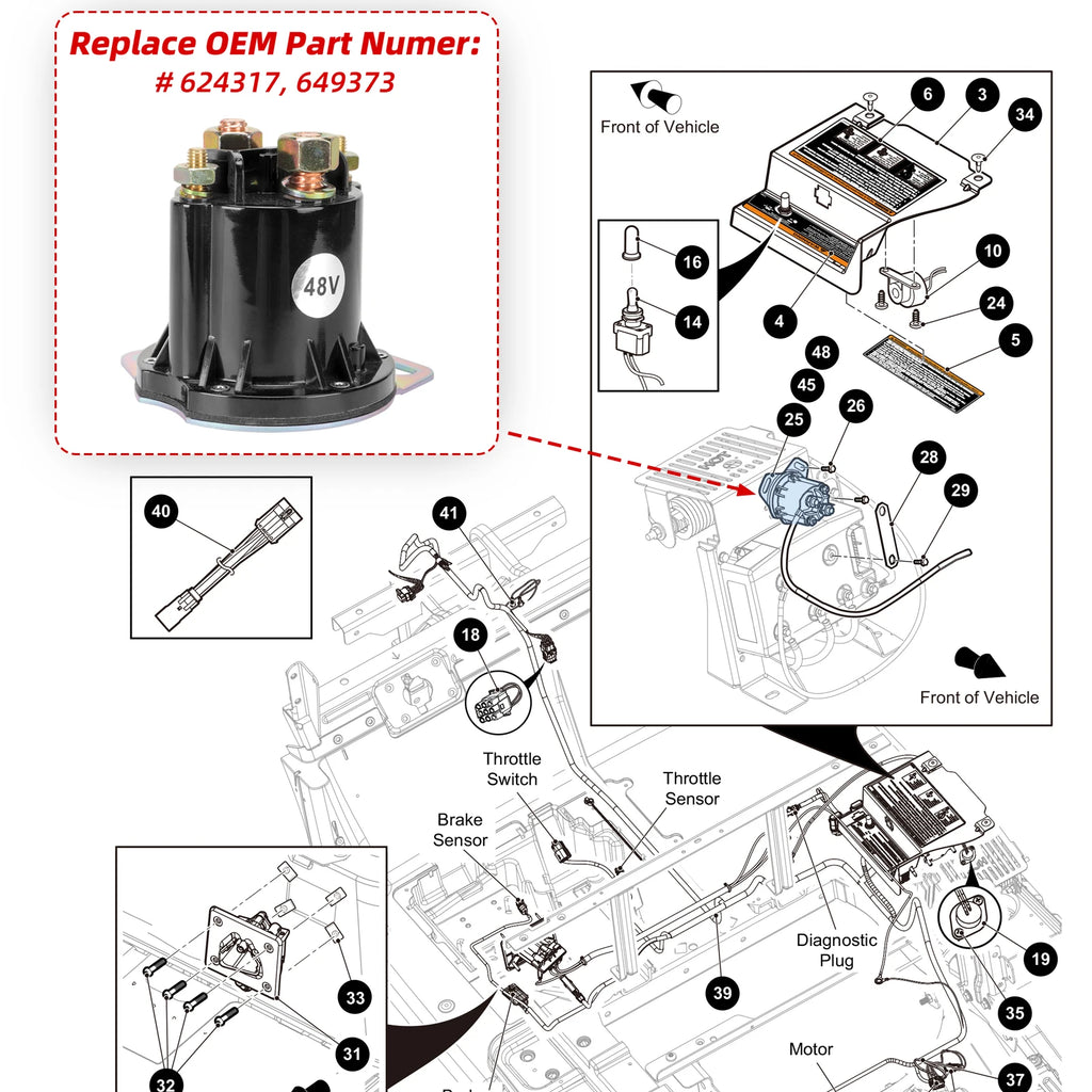Golf Cart Solenoid 48 Volts 150A 4 Terminal | 48-Volts EZGO RXV 2008-up Electric Golf Cart, OEM #649373, 624317