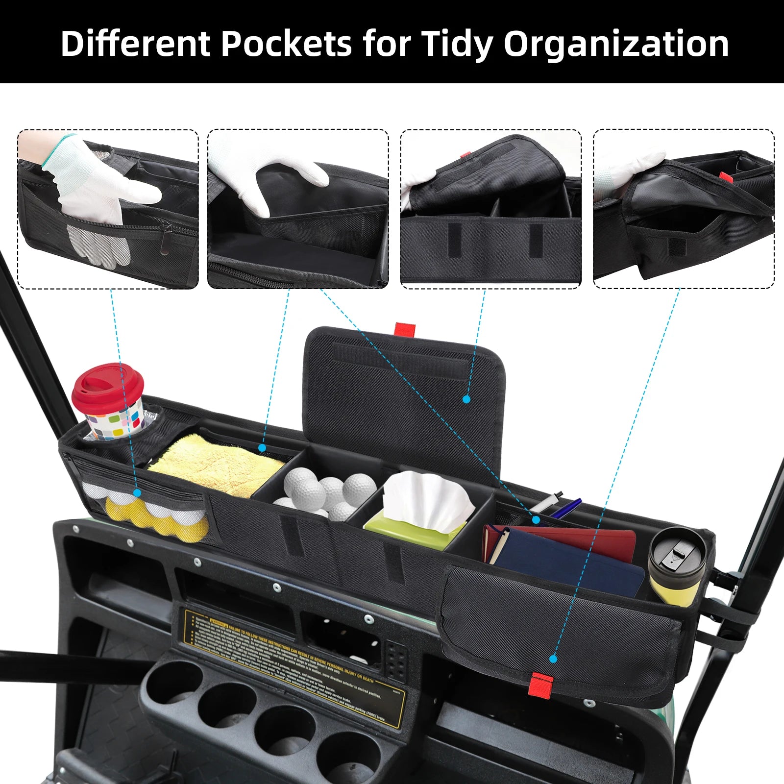 Golf Cart Front Storage Basket, No Drilling Dash Tray Organizer, Fit | EZGO Club Car Yamaha, Adjustable Compartment