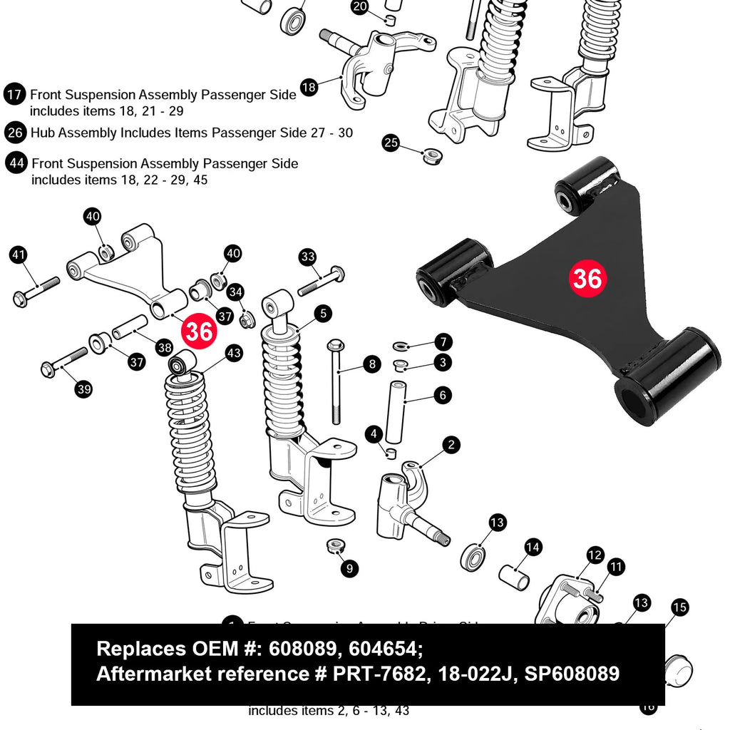 Golf Cart A Arm Front Control Arm | EZGO RXV  2008-up Gas & Electric Models, Replaces # 608089, 604654, 602085, 601340