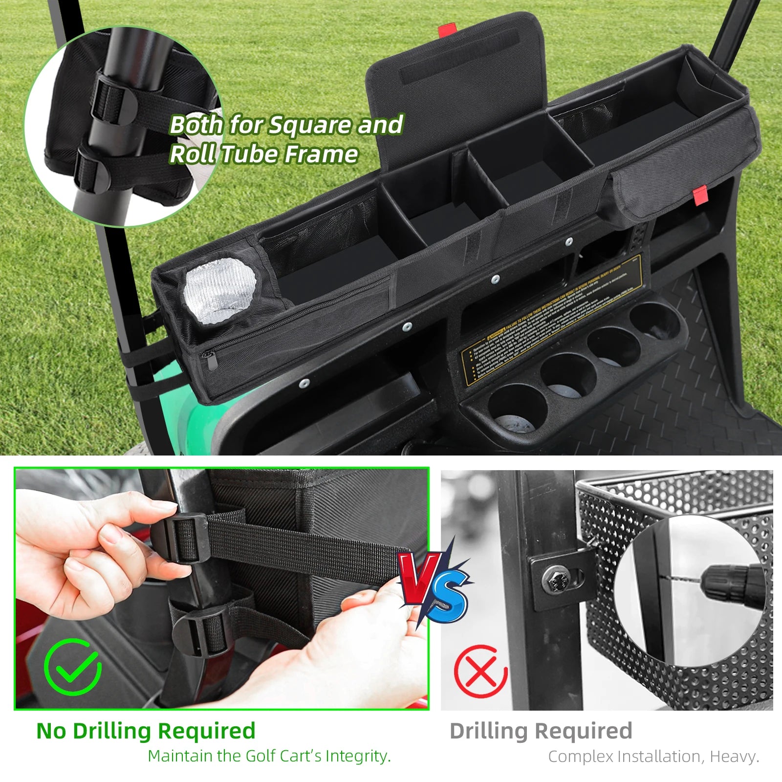 Golf Cart Front Storage Basket, No Drilling Dash Tray Organizer, Fit | EZGO Club Car Yamaha, Adjustable Compartment