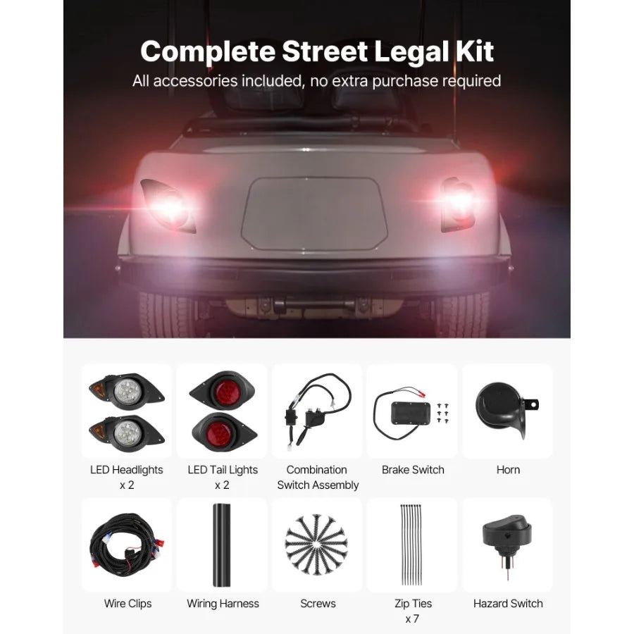 Golf Cart Light Kit 12 Volt Street Legal LED Headlight Taillight with Wiring Harness Turn Signals Hazard Light Switch Horn Brak