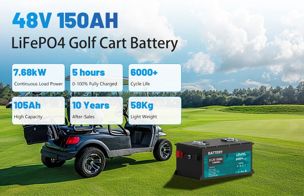 48V 150Ah LiFePO4 Battery 7.6KW Bluetooth Golf Car Battery 16S 200A BMS 51.2V 105Ah 5KW 6000+Cycles LED Display Grade A Cells