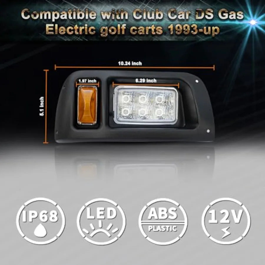 Golf Cart LED Headlight Light Kit Compatible with Club Car DS 1993-UP Passenger Driver Side Replace 12V Headlights Kit Assembly