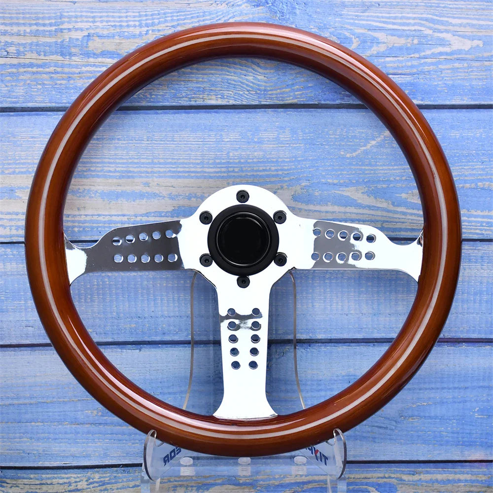 14 Inch 345mm Retro Wood Grain Sport Steering Wheel – Drift Racing with Anti-Slip Bracket