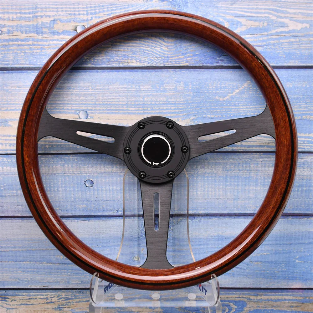 14 Inch 345mm Retro Wood Grain Sport Steering Wheel – Drift Racing with Anti-Slip Bracket