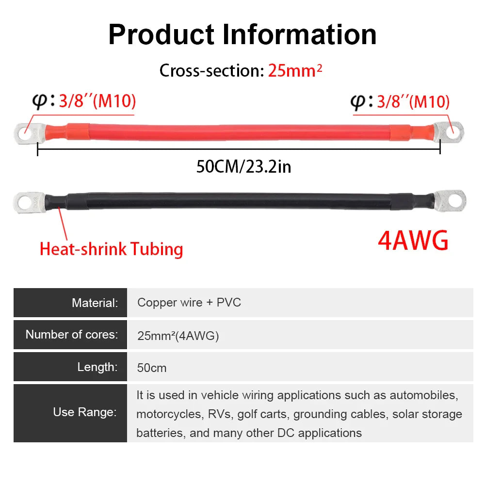 2/4AWG 30/50CM Battery Inverter Cable Set With Terminals Stranded Copper Cord Solar Power Connection Wire With Lugs