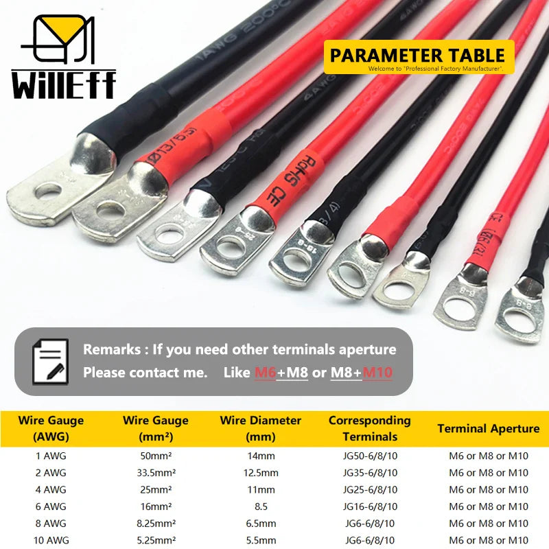 Lug Cable Car Battery Cable Silicone inverter UPS jumper Terminal wire Super soft Silicone Copper Cable M6-M8 M8-M10 M6-M10