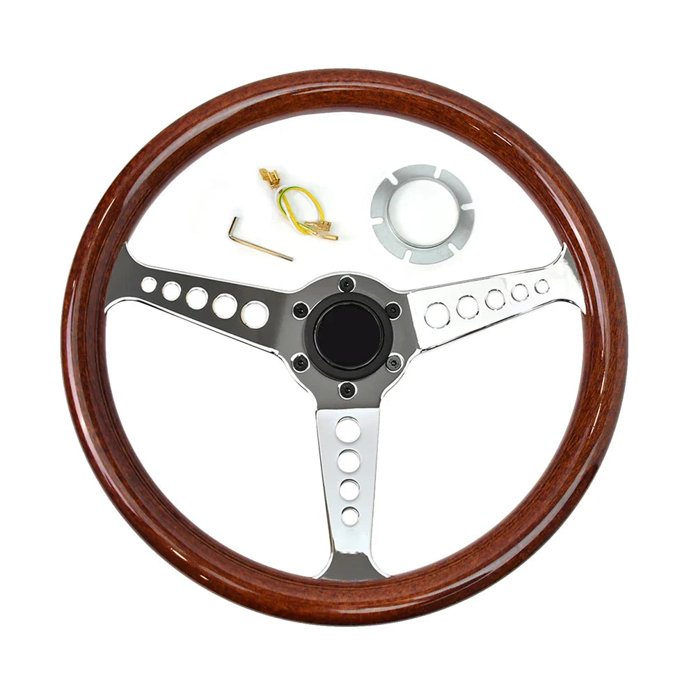14 Inch 345mm Retro Wood Grain Sport Steering Wheel – Drift Racing with Anti-Slip Bracket