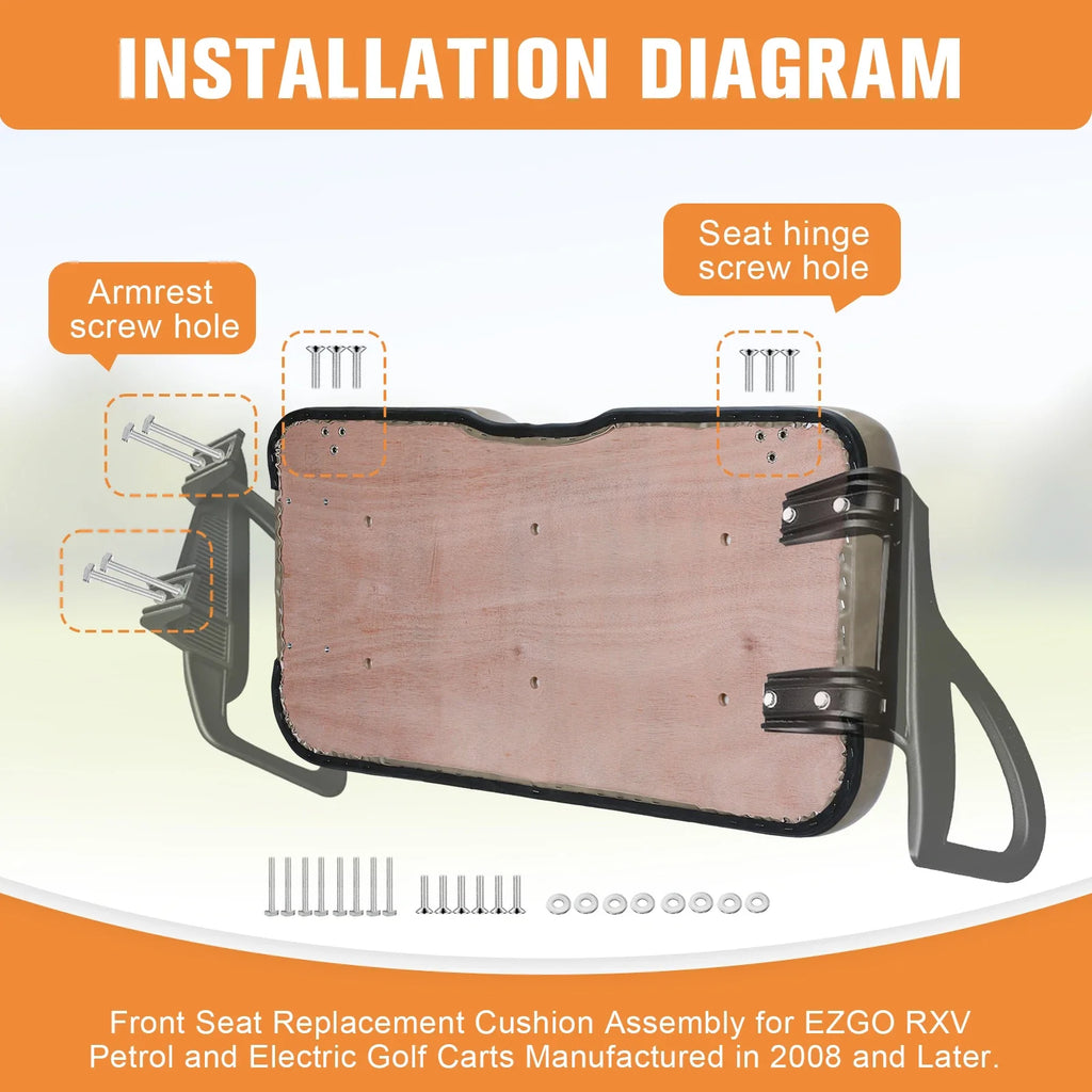 EZGO RXV Front Seat Bottom Cushion Assembly – Beige PU Leather with Mounting Hardware (2008 & Up)