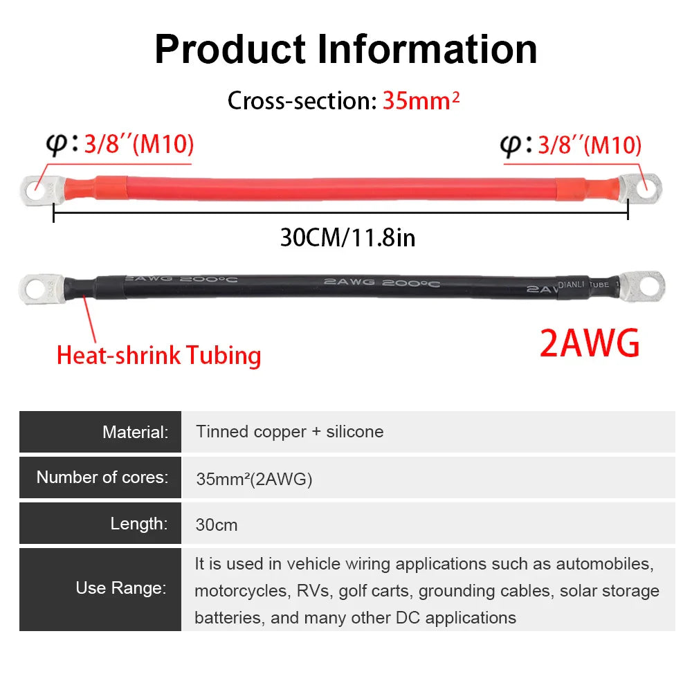 2/4AWG 30/50CM Battery Inverter Cable Set With Terminals Stranded Copper Cord Solar Power Connection Wire With Lugs