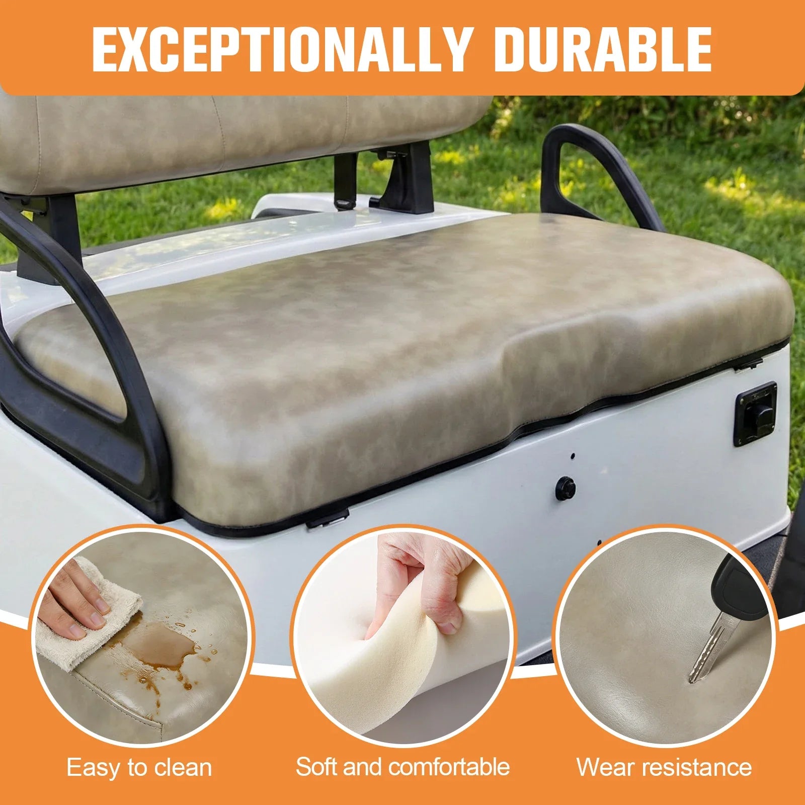 EZGO RXV Front Seat Bottom Cushion Assembly – Beige PU Leather with Mounting Hardware (2008 & Up)