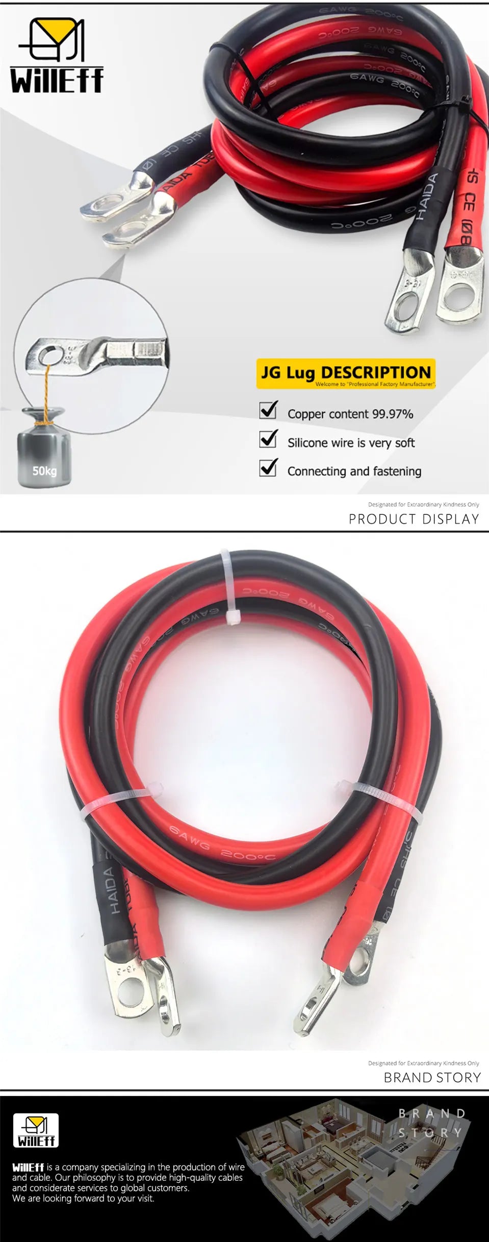 Lug Cable Car Battery Cable Silicone inverter UPS jumper Terminal wire Super soft Silicone Copper Cable M6-M8 M8-M10 M6-M10