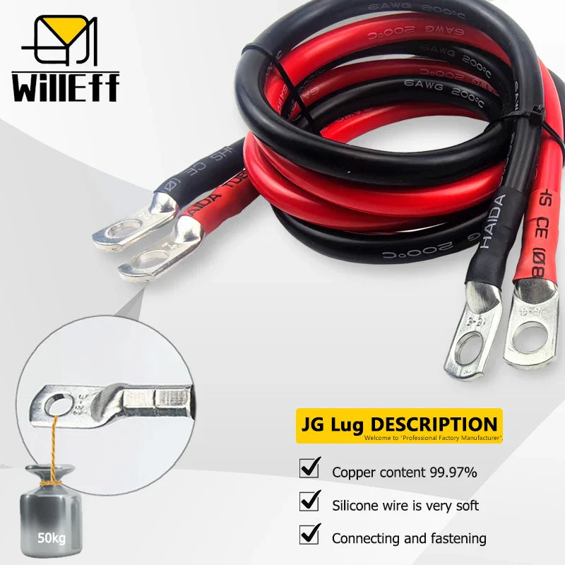 Lug Cable Car Battery Cable Silicone inverter UPS jumper Terminal wire Super soft Silicone Copper Cable M6-M8 M8-M10 M6-M10