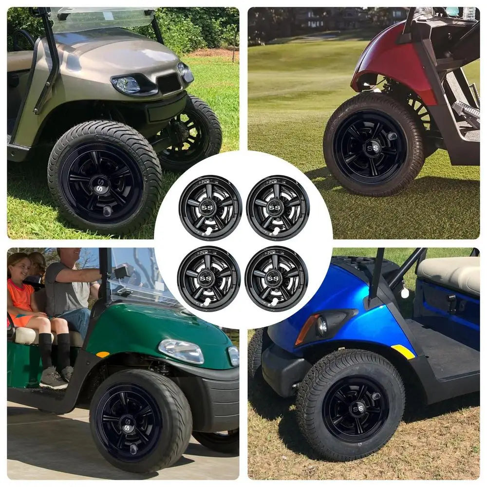 8" Black Chrome Golf Cart Hub Caps – No-Tool Install for Club Car (Set of 4)
