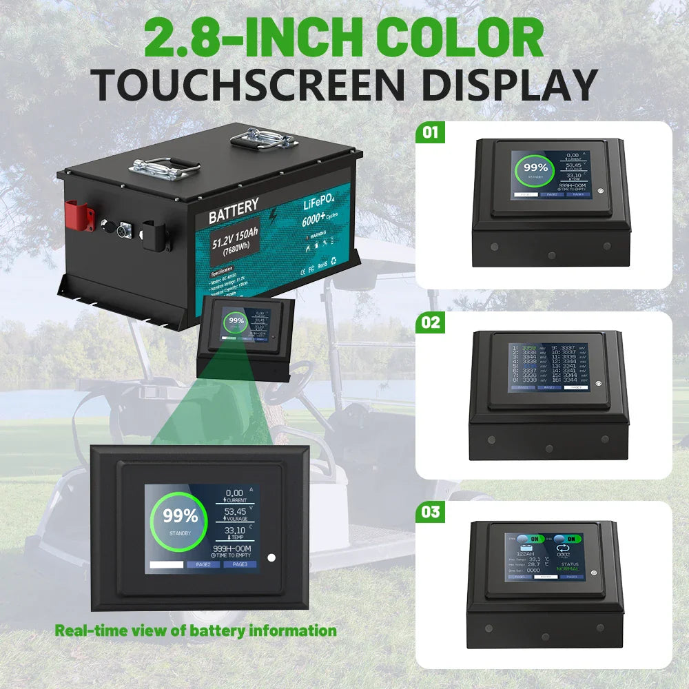 48V 150Ah LiFePO4 Battery 7.6KW Bluetooth Golf Car Battery 16S 200A BMS 51.2V 105Ah 5KW 6000+Cycles LED Display Grade A Cells